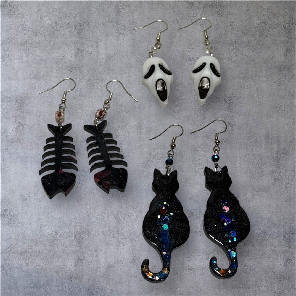 Hand Crafted Black and White Halloween Earrings Set